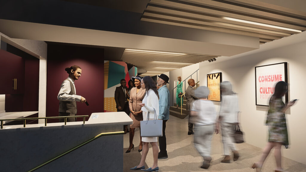 This is a digital rendering of a corridor space. People are standing, talking and mingling. Some people are walking and are blurred. There is a box office area to the left of the image. A person is standing behind a counter scanning tickets.