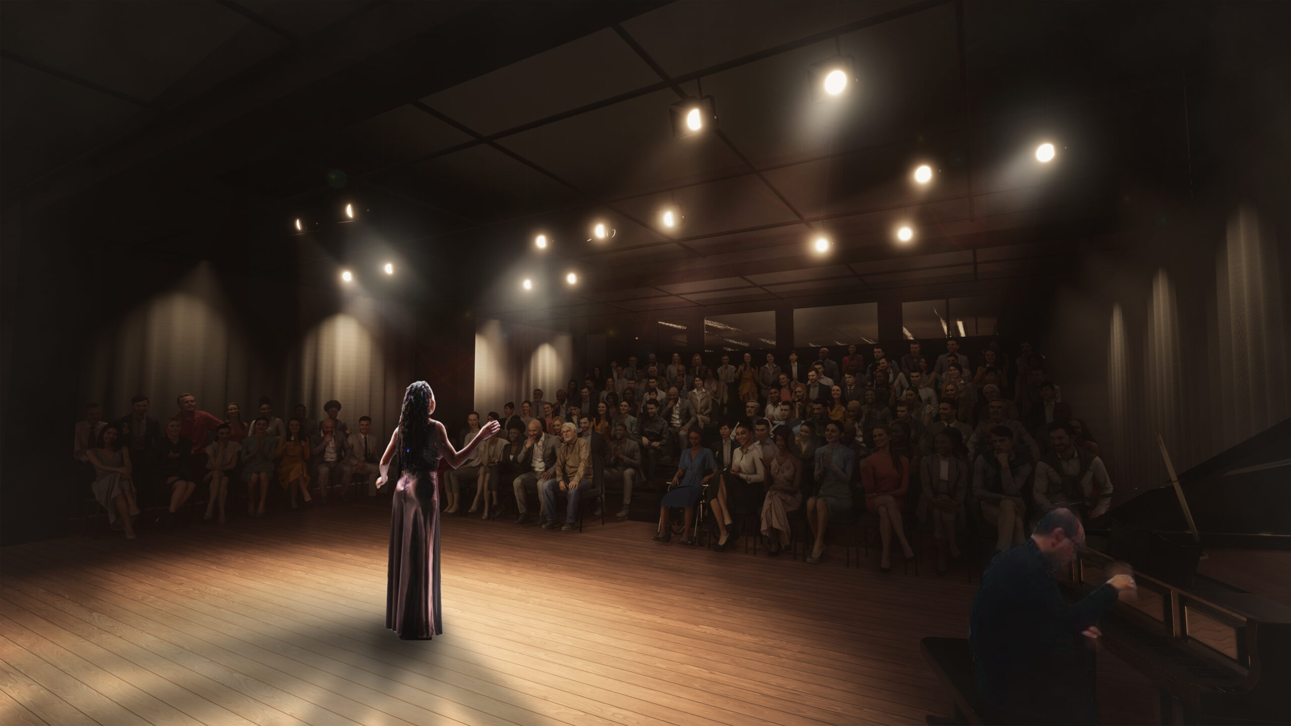 This is a digital rendering of a performance hall at 877 Yonge Street. A person wearing a long golden dress stands in the middle of a spotlight, facing an audience in shadow.
